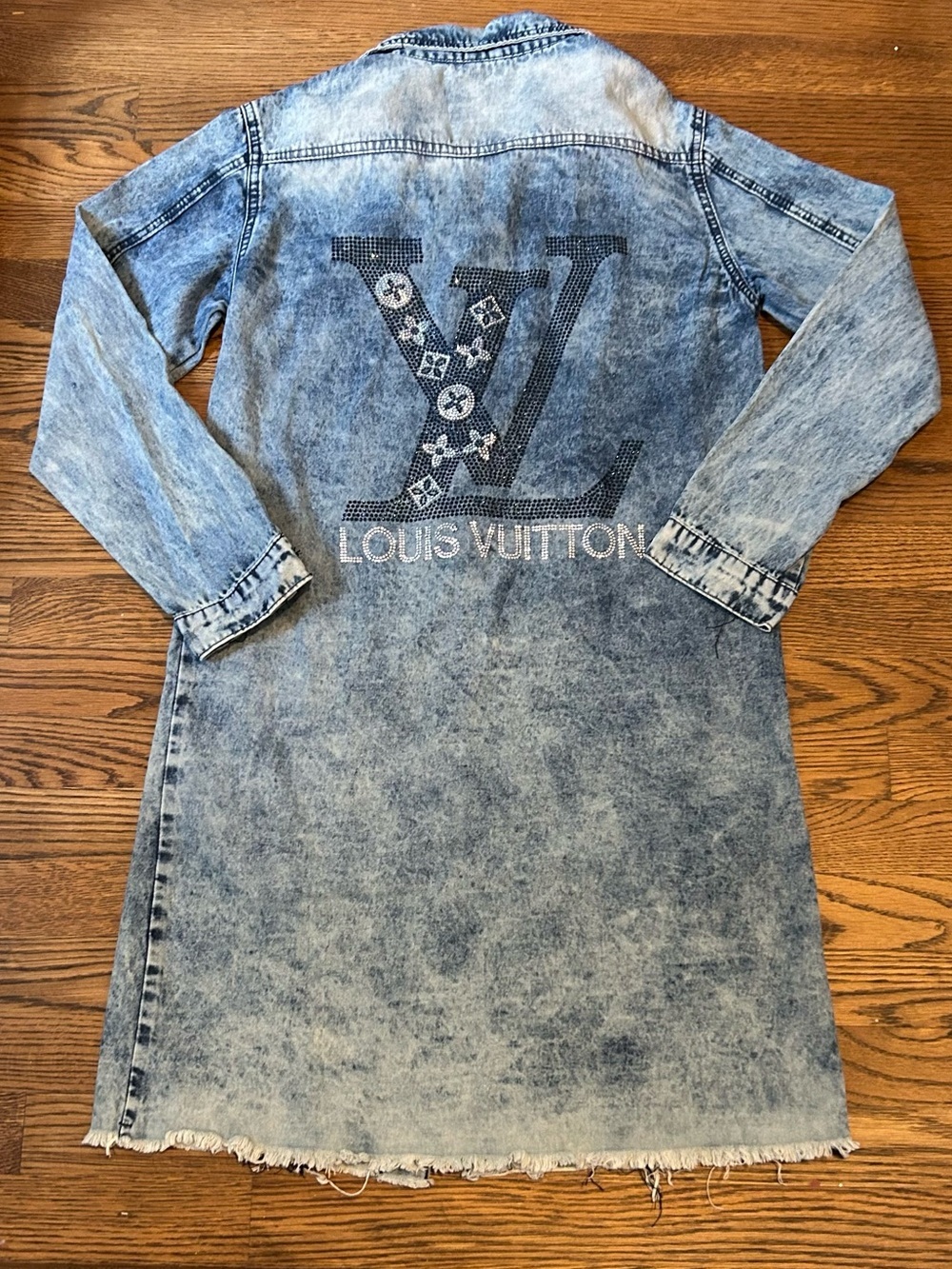 Custom Acid-Wash Denim Fall Jacket Rhinestone LV Logo by xoxoE 0149